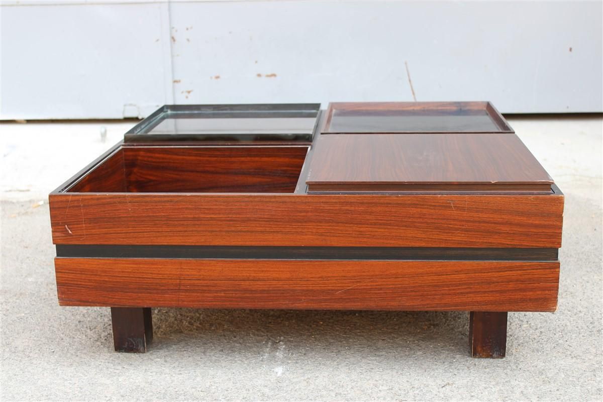Low Square Wooden Coffee Table With Trays Luigi Sormani 1960 Italy Brass photo furniture