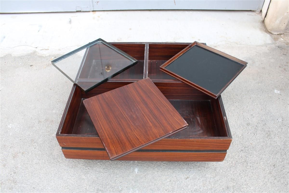 Low Square Wooden Coffee Table With Trays Luigi Sormani 1960 Italy Brass photo vintage