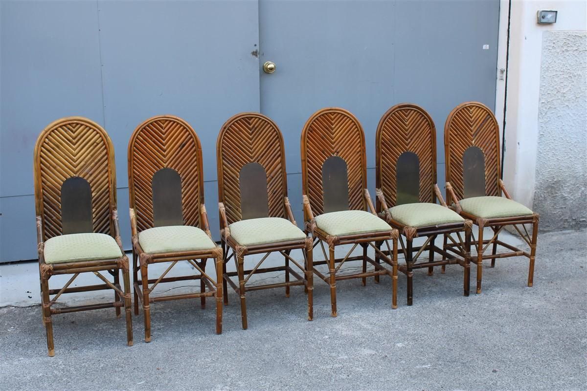6 Chairs High Back Bamboo And Brass Italian Design 1970s photo furniture