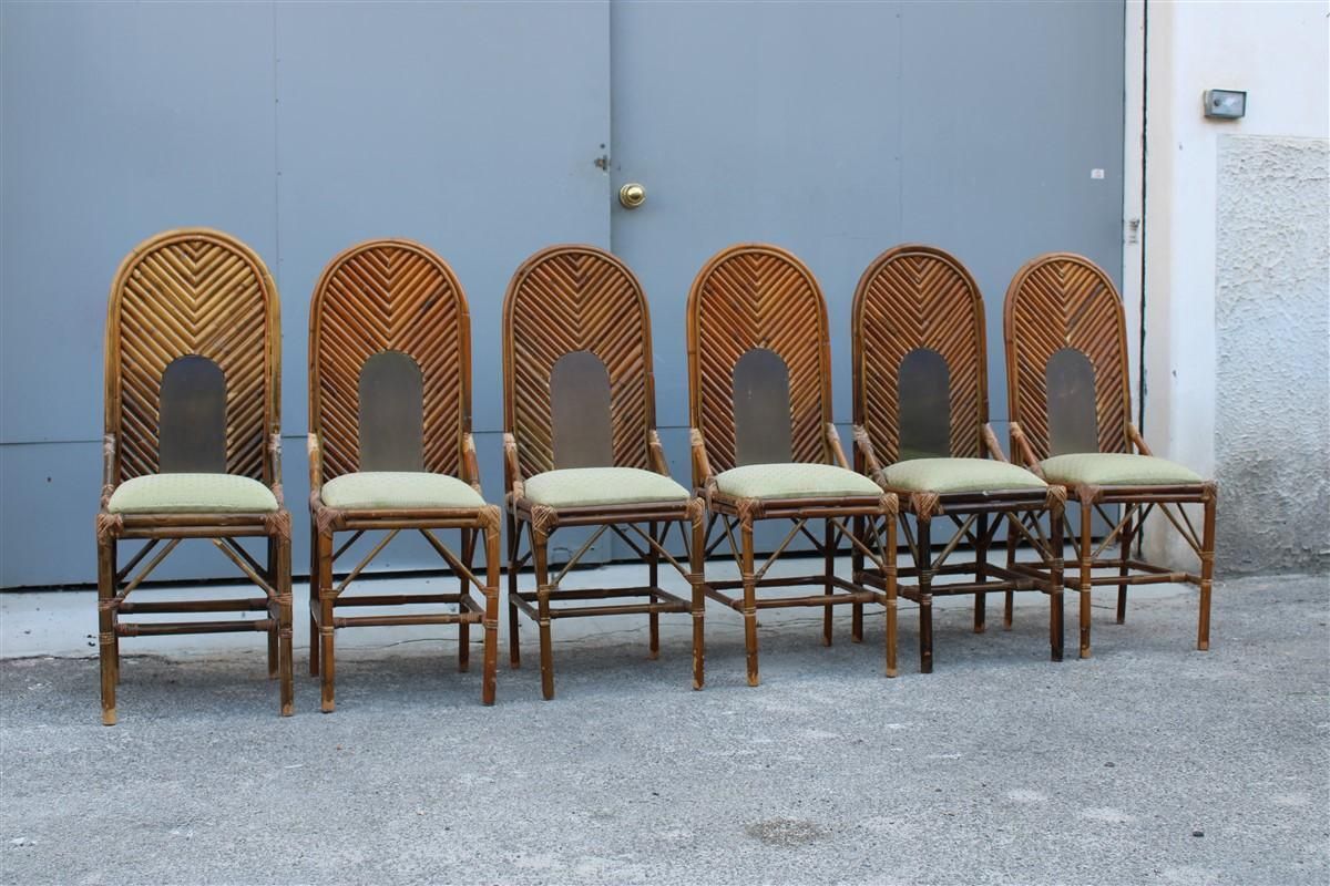 6 Chairs High Back Bamboo And Brass Italian Design 1970s photo for sale
