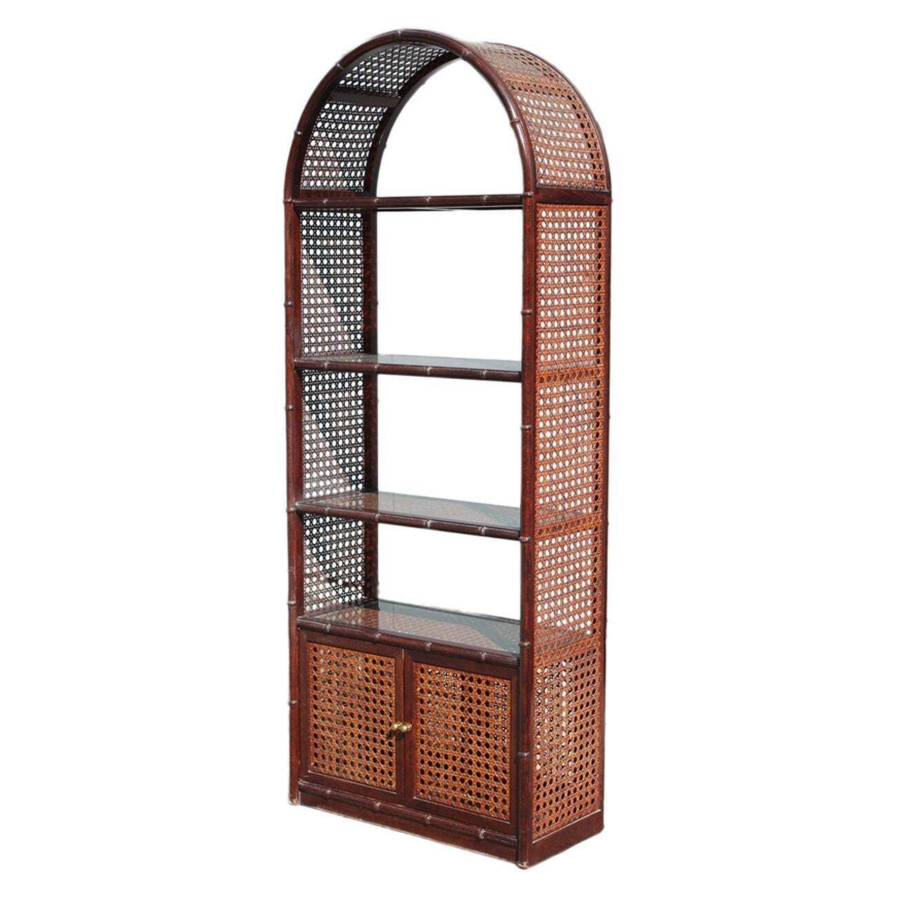 Bookcase Rounded Wall Display Case With Shelf In Carved Bamboo  Straw, 1960