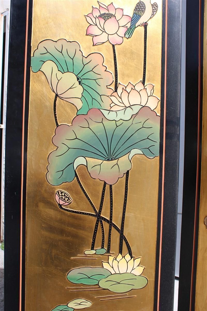 4 Panel Wood With Colored Enamels And Chinese Gold Leaf Lotus Flowers And Herons photo vintage