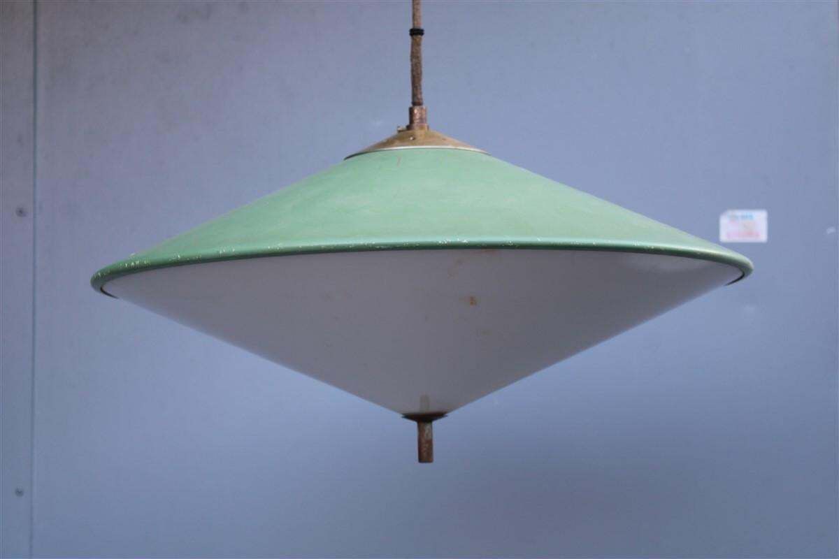Mid Century Italian Design Chandelier Green Metal Brass Parts 1950s Ufo photo 1912.0