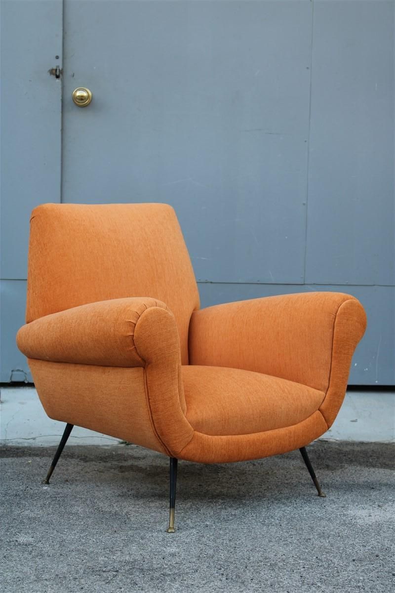 Midcentury Italian Design Armchair Orange Velvet Brass Iron Feet Gigi Radice photo furniture