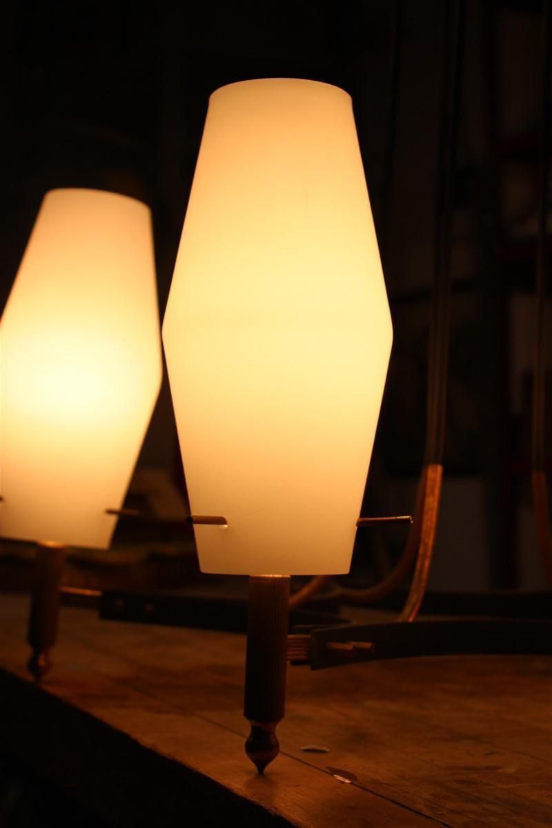 Round Mid Century Italian Stilnovo Style Chandelier Brass Murano Glass 1950 photo for sale