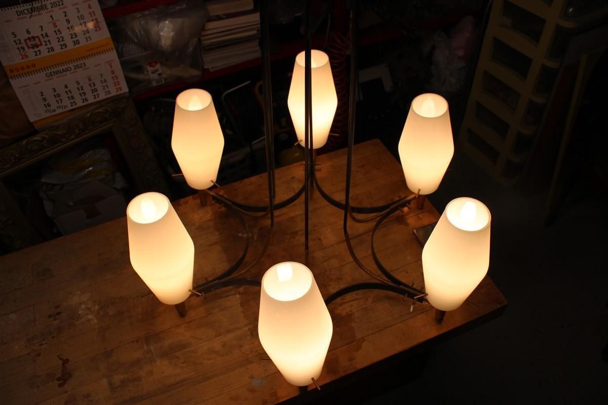 photo furniture Round Mid Century Italian Stilnovo Style Chandelier Brass Murano Glass 1950