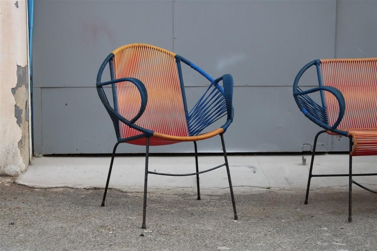 Mid Century Italian Red And Blue Metal And Plastic Sofa And Armchairs 1950 photo for sale