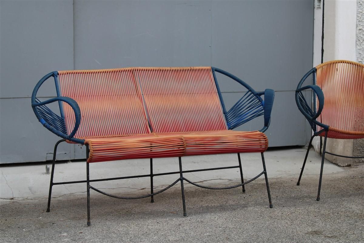 Mid Century Italian Red And Blue Metal And Plastic Sofa And Armchairs 1950 photo Furniture