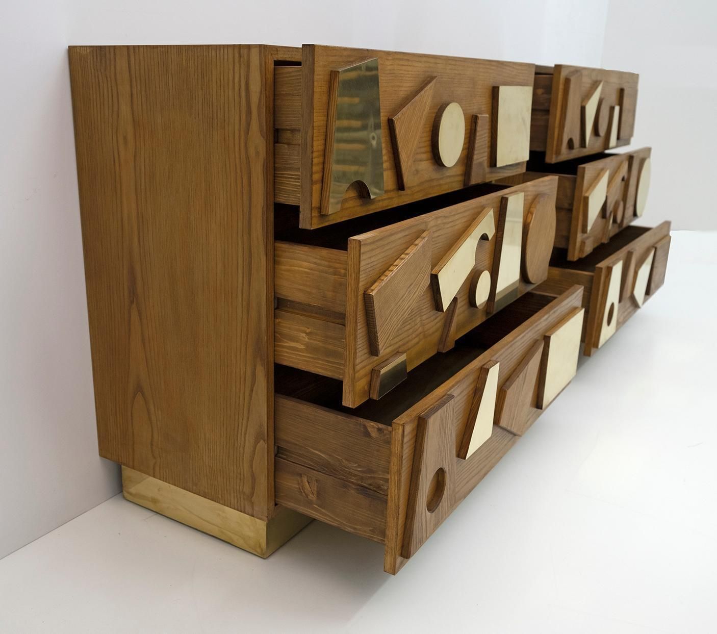 Brutalist Italian Ash Tree And Brass Chests Of Drawers, Two photo for sale