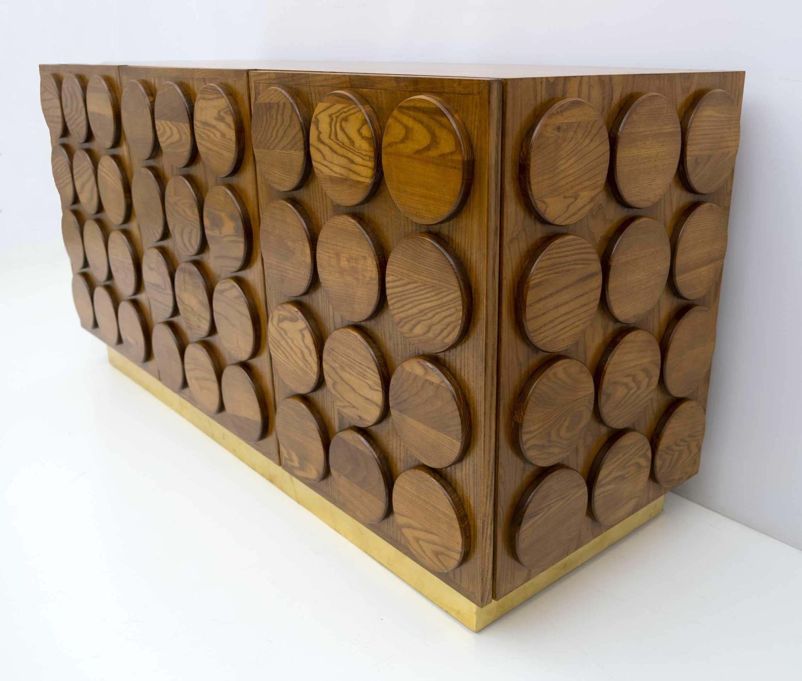 Brutalist Italian Chestnut Wood And Brass Bar Cabinet, 1970s photo for sale