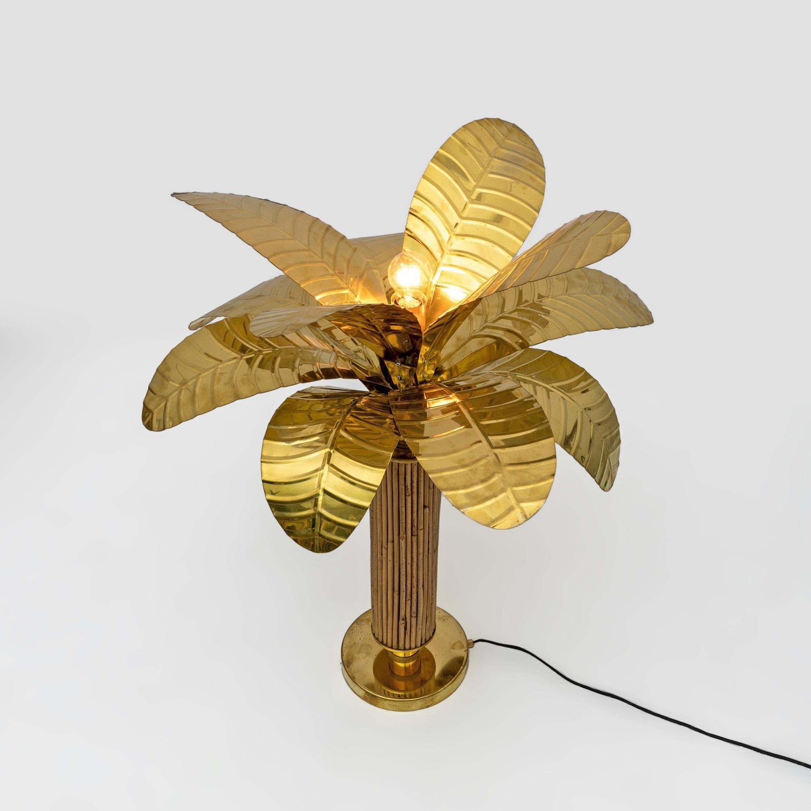 Pair Of Mid Century Modern Italian Brass And Rattan Palm Tree Lamps, 1970s photo Lighting