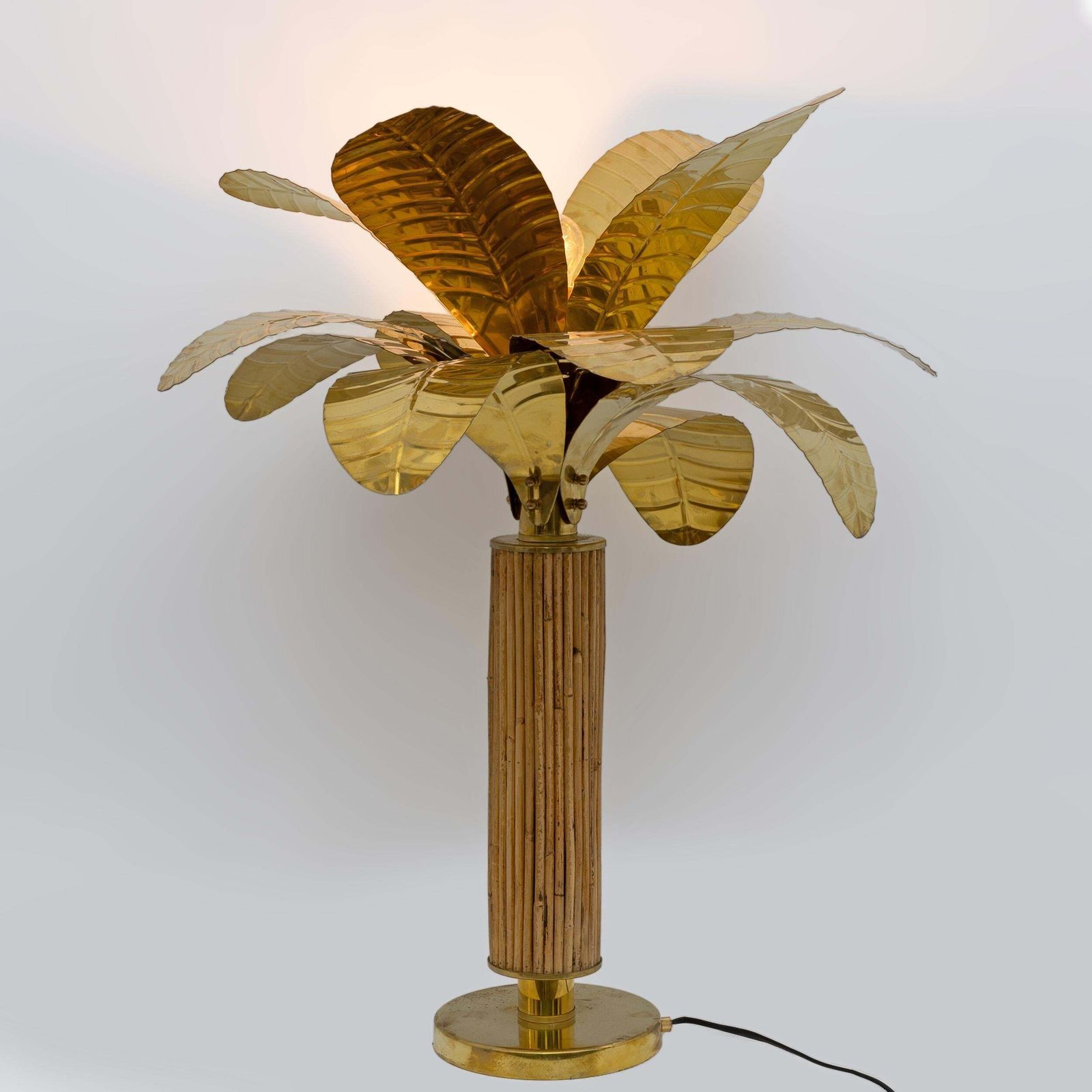 Pair Of Mid Century Modern Italian Brass And Rattan Palm Tree Lamps, 1970s photo 4247.0