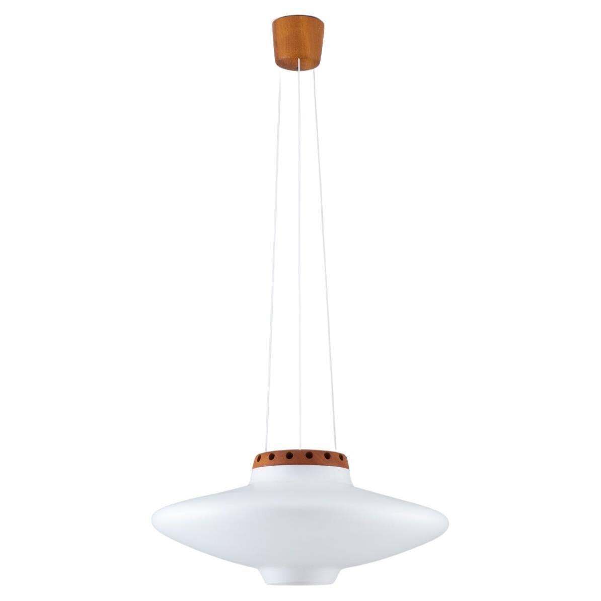 Swedish Midcentury Pendant In Oak And Opaline Glass By Luxus