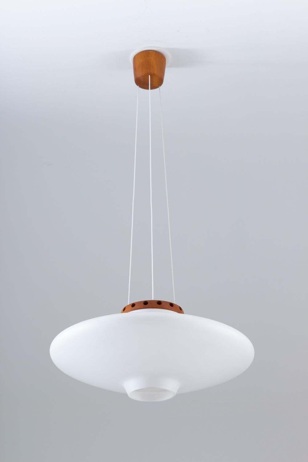 Swedish Midcentury Pendant In Oak And Opaline Glass By Luxus photo Lighting