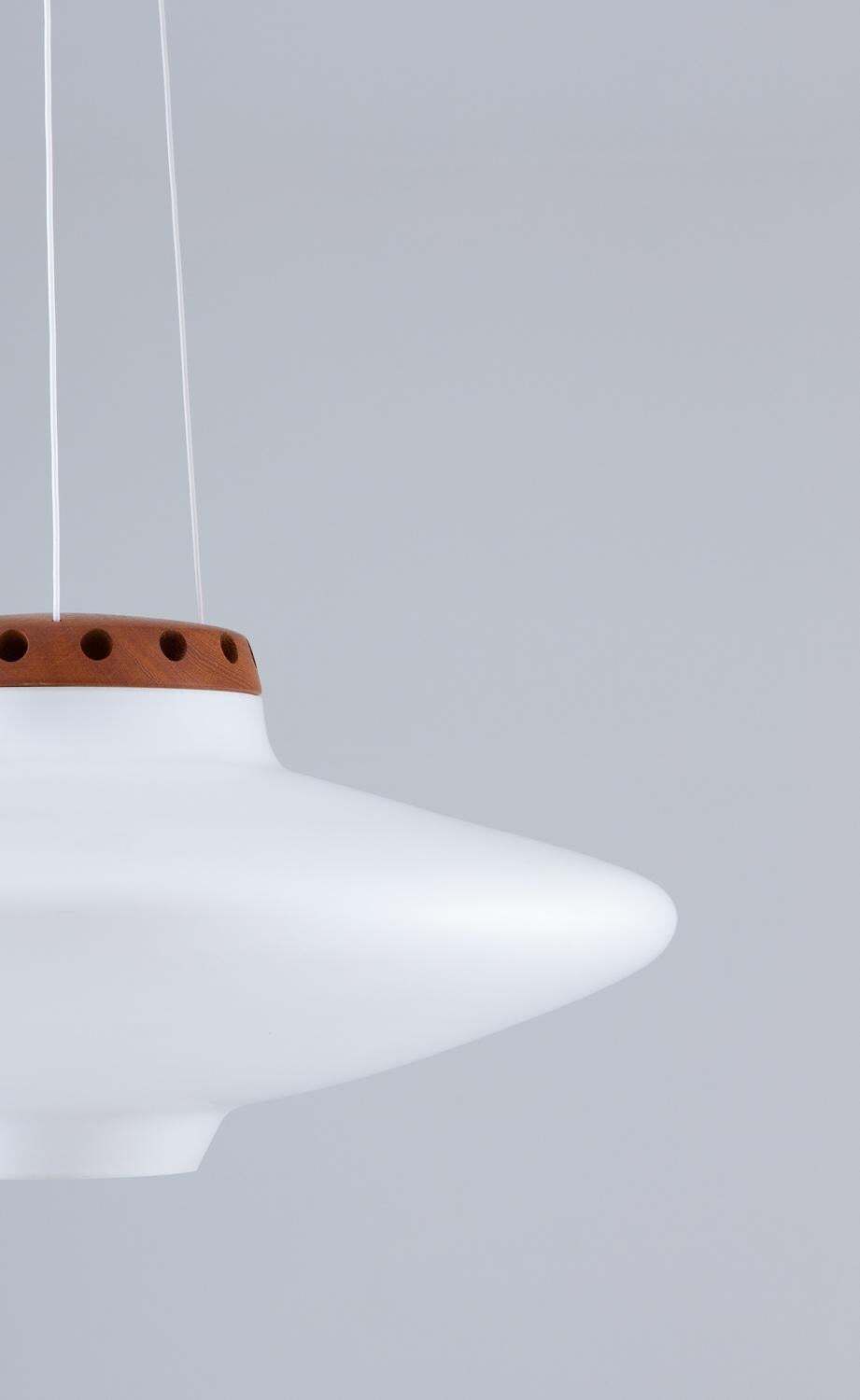 Swedish Midcentury Pendant In Oak And Opaline Glass By Luxus photo vintage