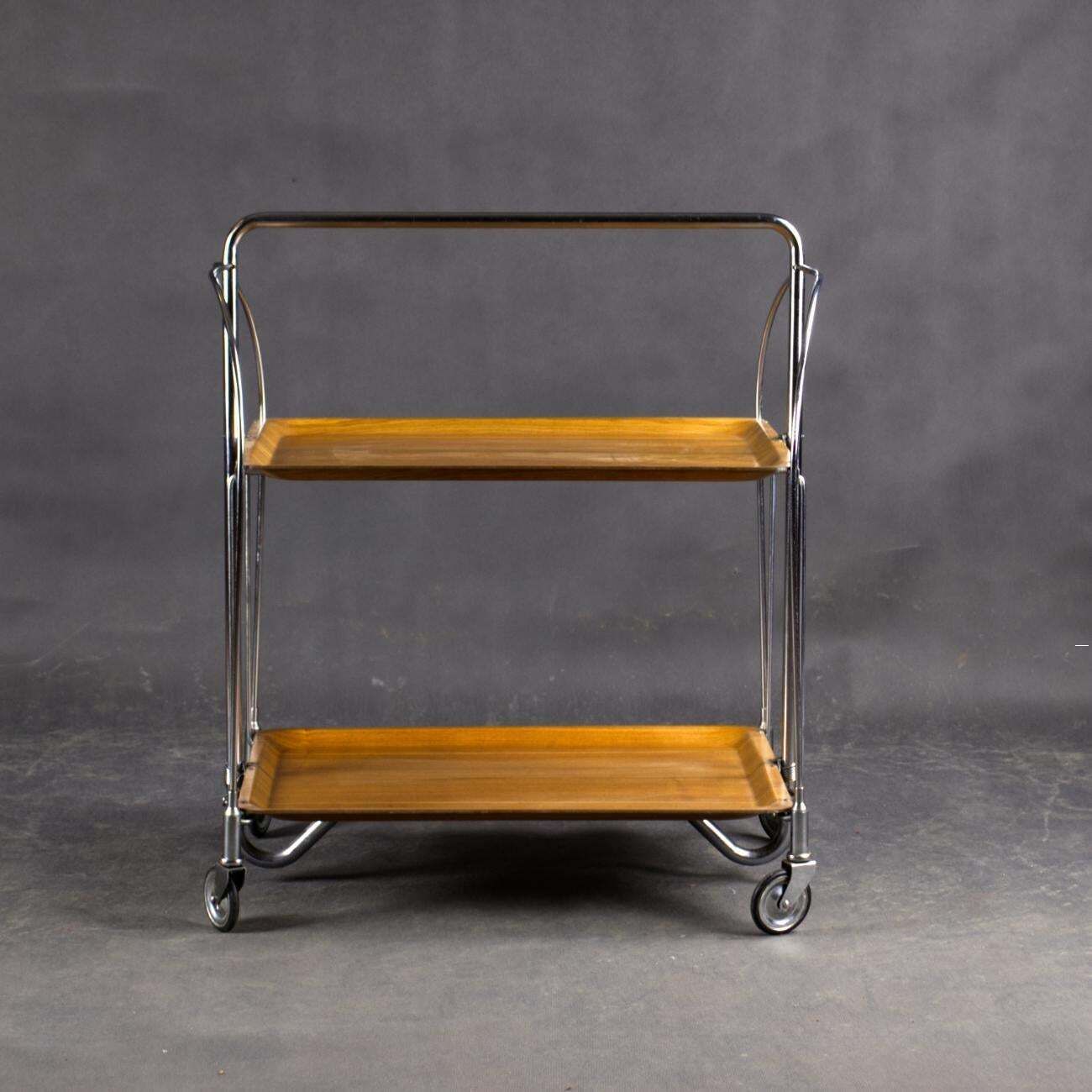 Mid Century Modern Folding Tea / Bar Cart In Chrome And Molded Plywood photo vintage