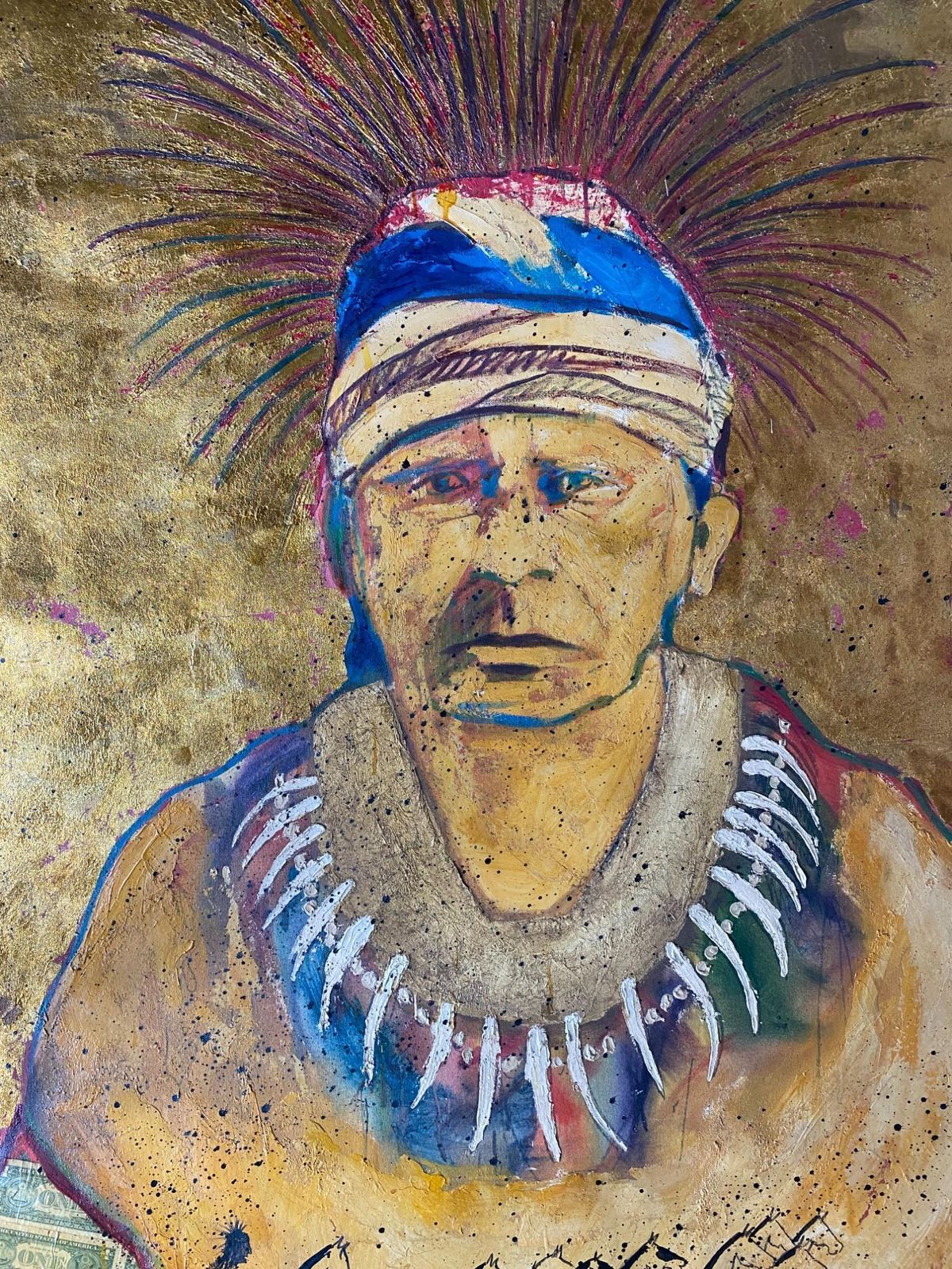 Stan Natchez (Shoshone/Paiute, B.1954) Navajo In Head Dress Against Gold Wearing photo furniture