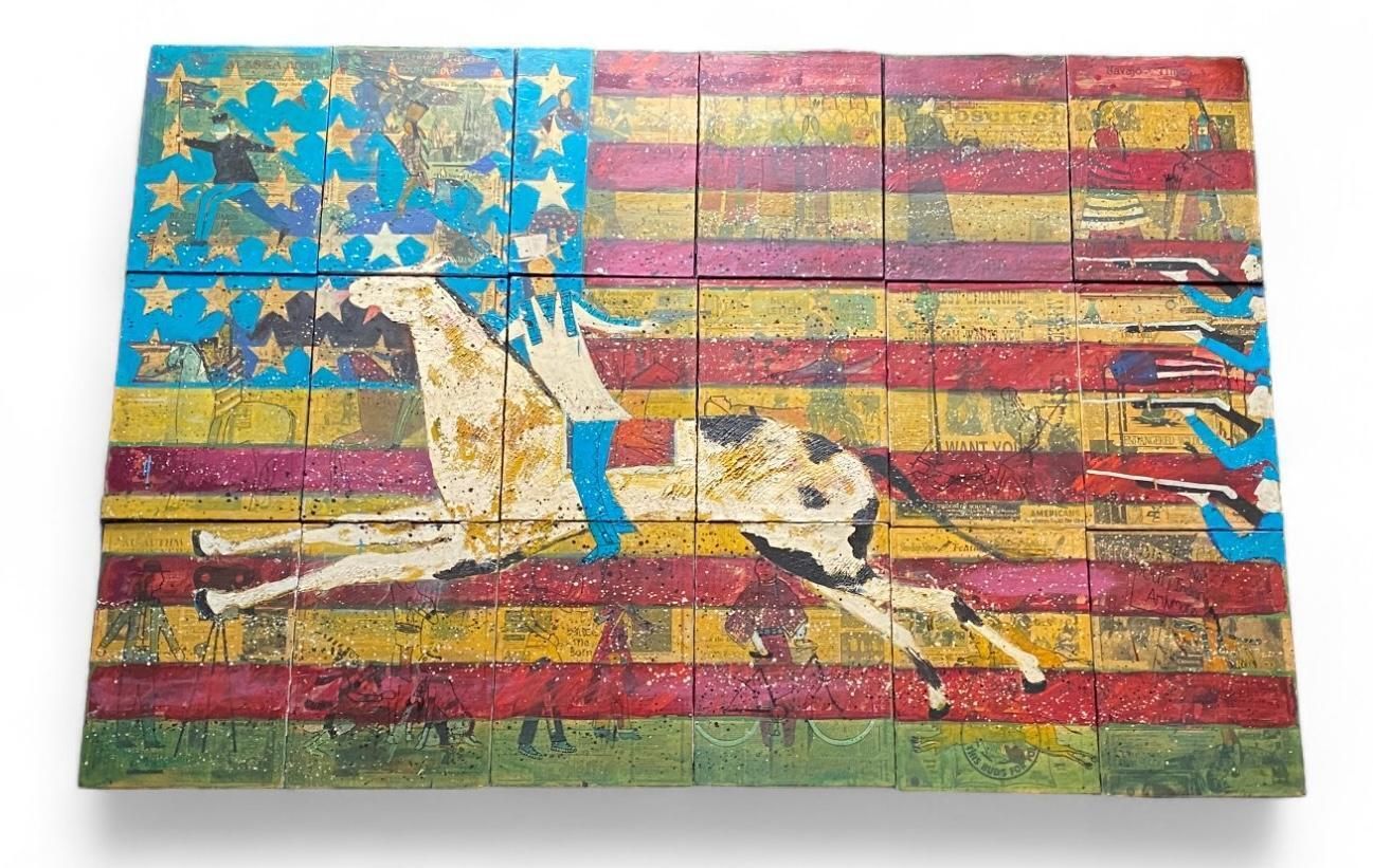 Stan Natchez (Shoshone/Paiute, B.1954) An Eighteen Part Collage Of A Figure On H photo vintage