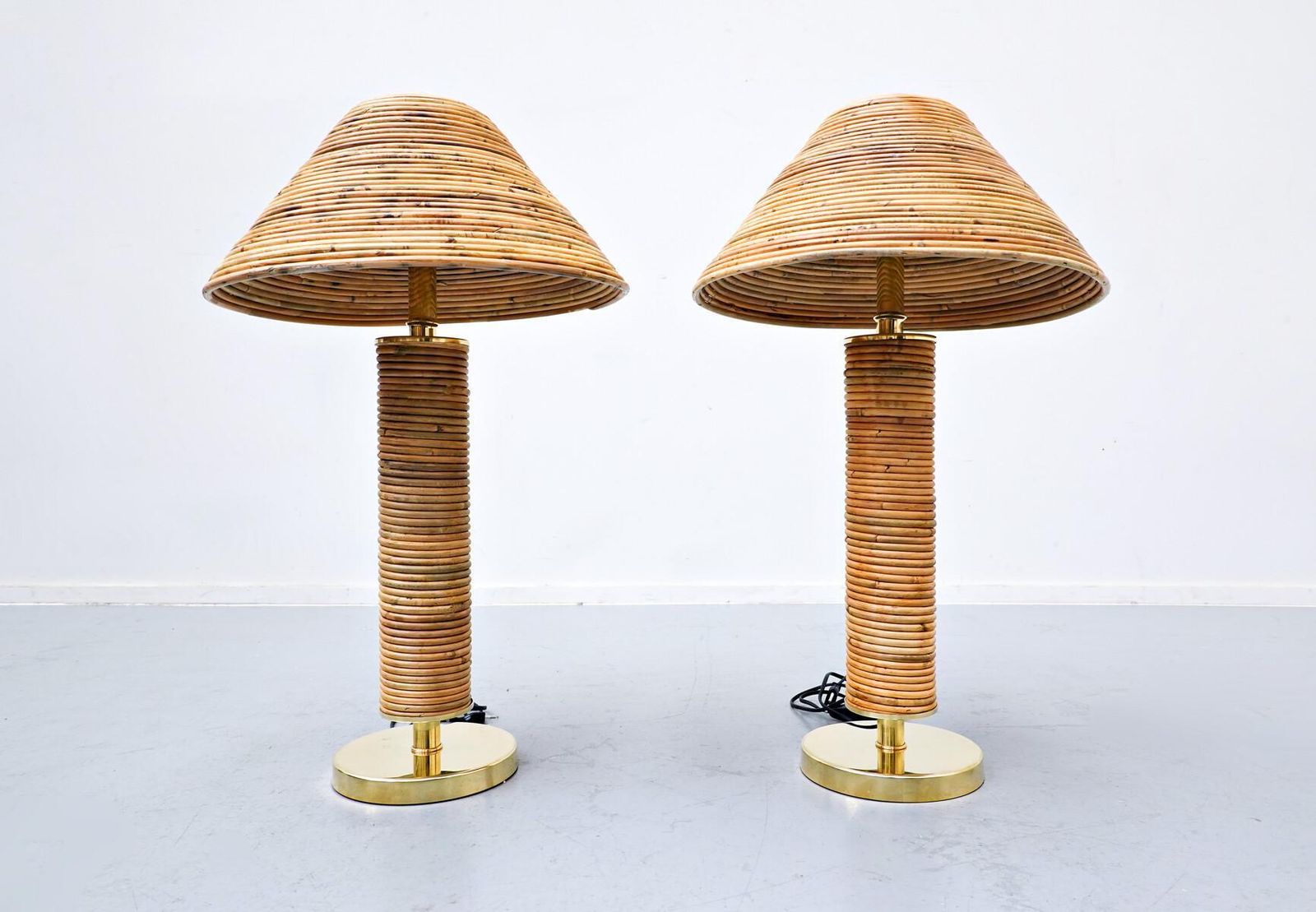 Contemporary Pair Of Brass And Bamboo Table Lamp, Italy photo for sale