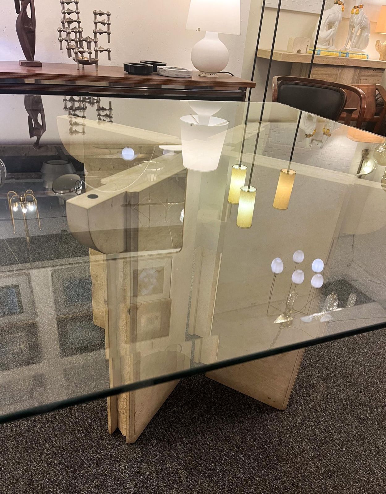 Dining Room Table In Travertine With Glass Top, Italy, 1970s photo furniture