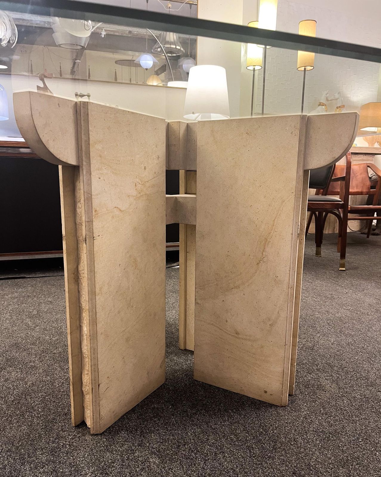 Dining Room Table In Travertine With Glass Top, Italy, 1970s photo for sale