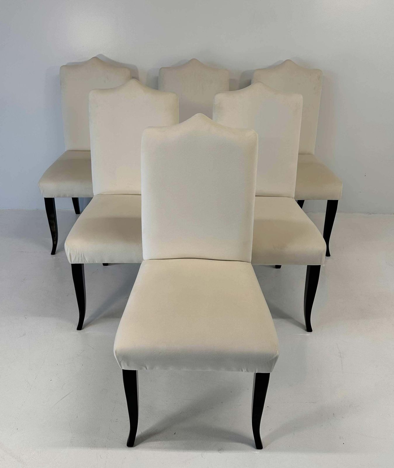 Italian Art Deco Style Set Of 6 Cream Velvet And Black Lacquered Chairs photo for sale