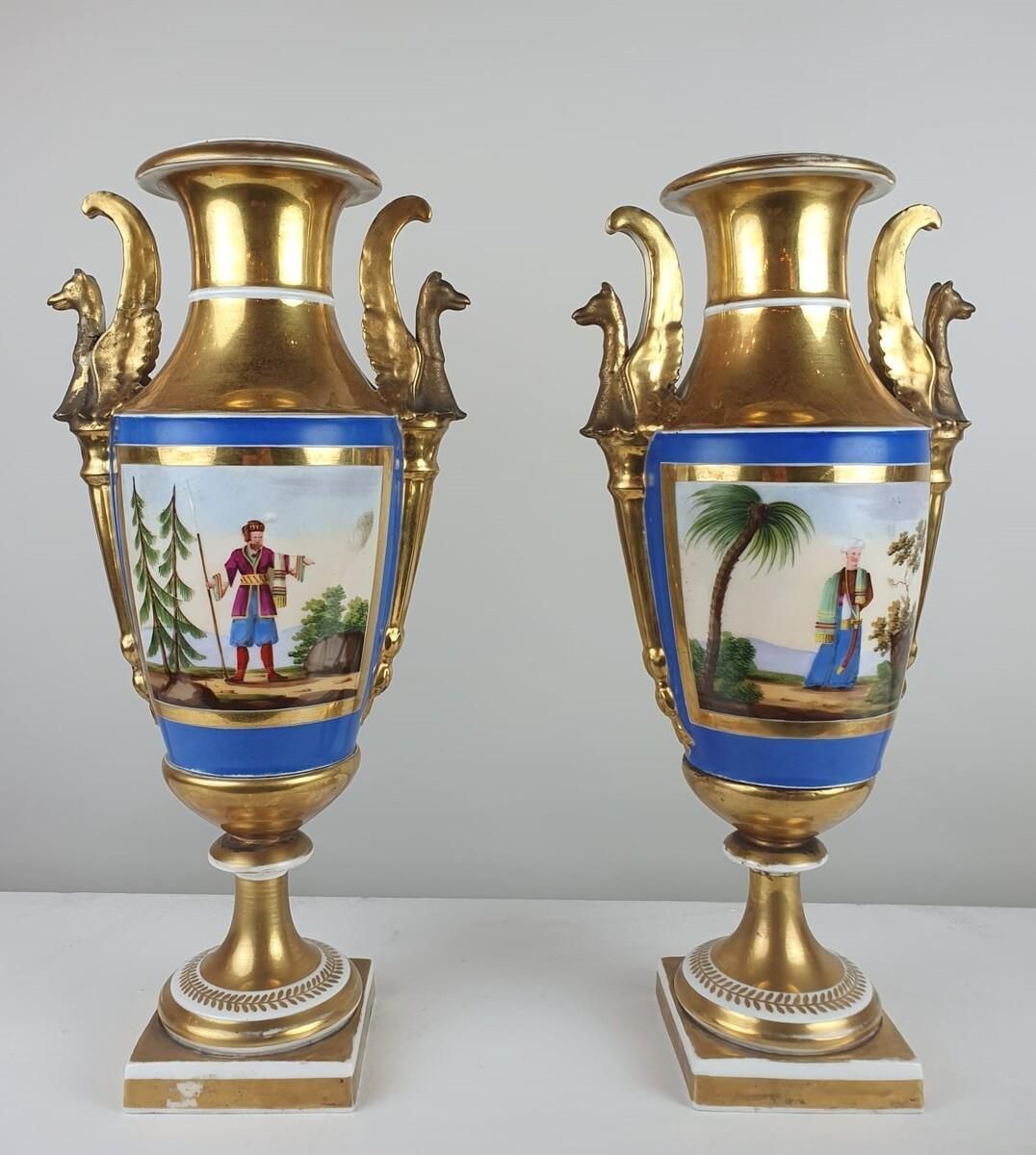 Pair Of Empire Vases In Polychrome Porcelain photo vintage