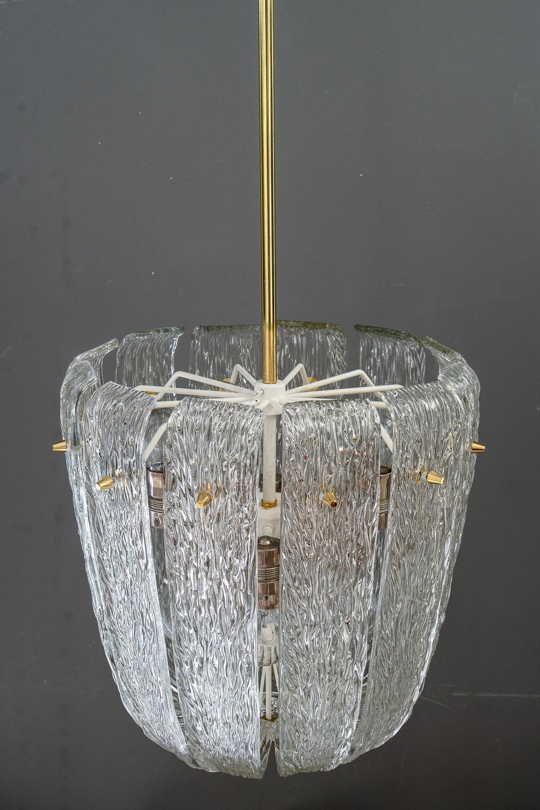Modern Mid Century Chandelier With Brass And Curved Textured Glass By J.T Kalmar photo for sale