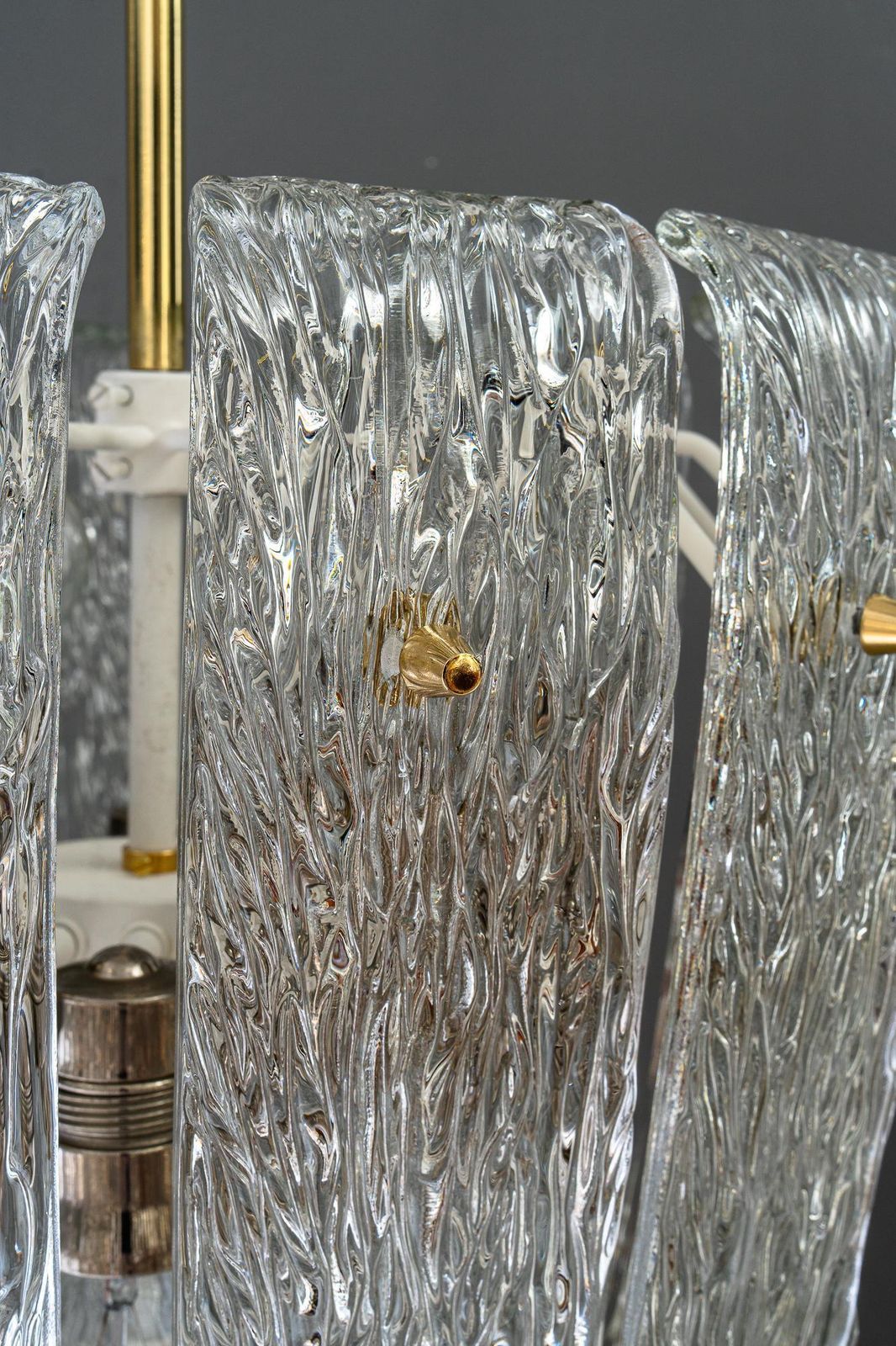 Modern Mid Century Chandelier With Brass And Curved Textured Glass By J.T Kalmar photo 3716.0