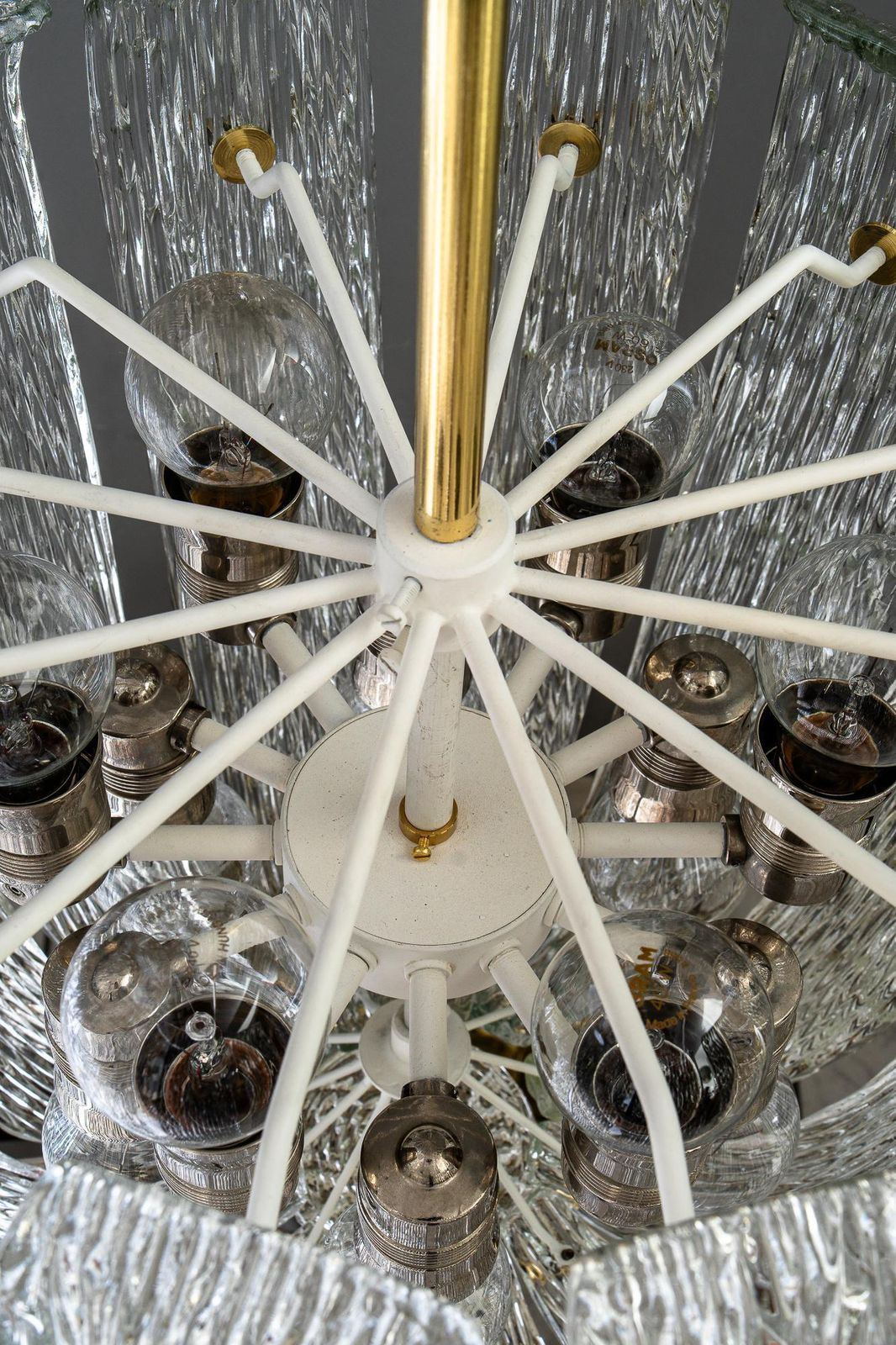 Modern Mid Century Chandelier With Brass And Curved Textured Glass By J.T Kalmar photo vinterior