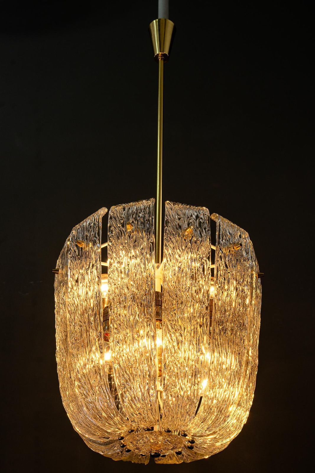 Lighting Modern Mid Century Chandelier With Brass And Curved Textured Glass By J.T Kalmar photo