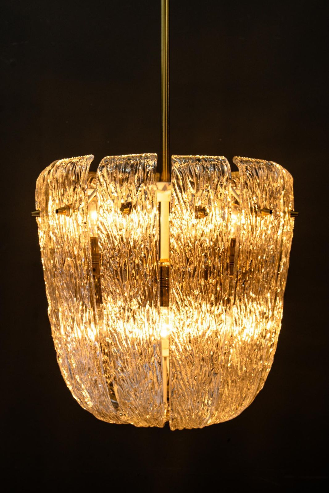 photo vinterior Modern Mid Century Chandelier With Brass And Curved Textured Glass By J.T Kalmar