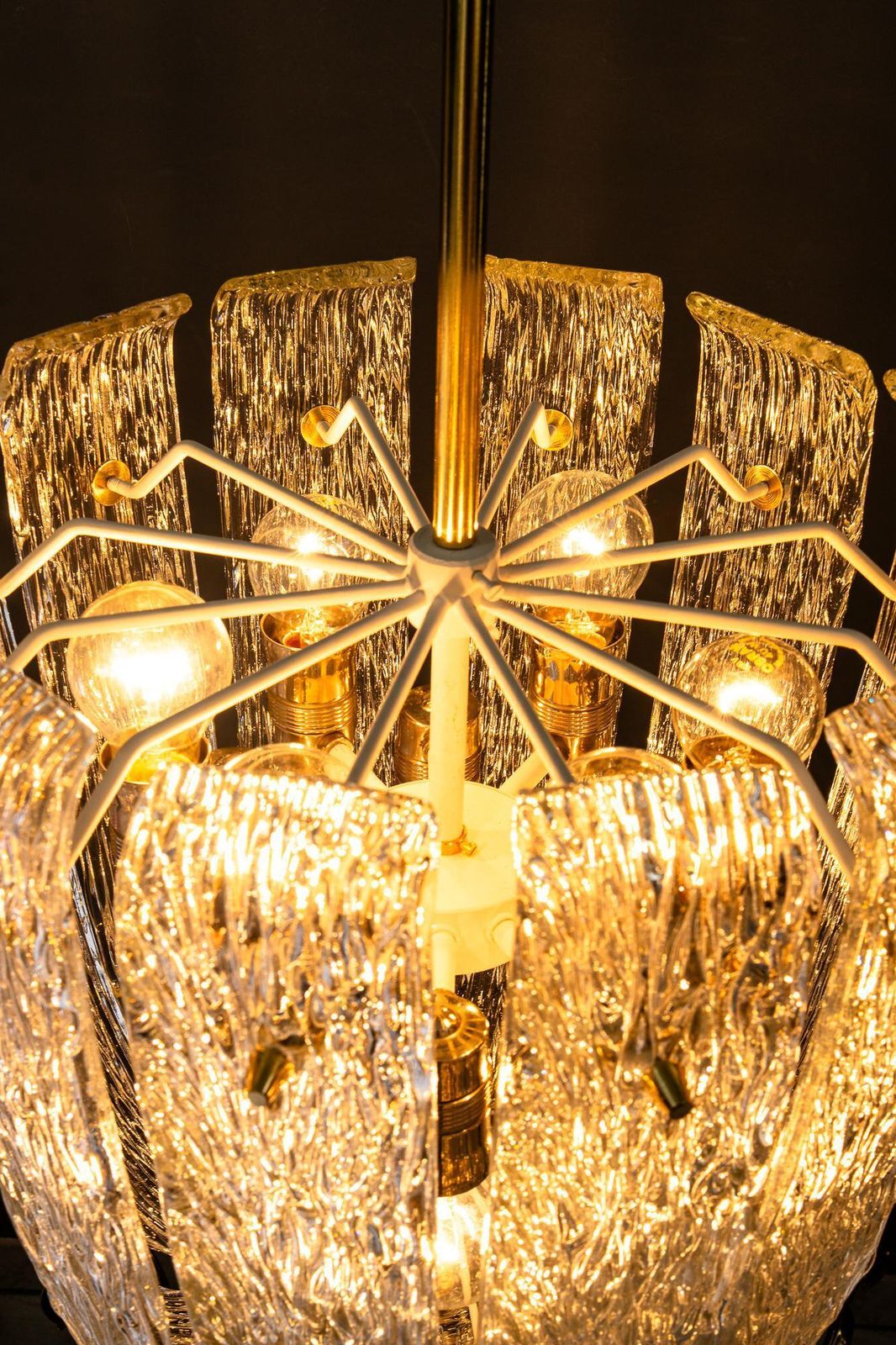 photo buy Modern Mid Century Chandelier With Brass And Curved Textured Glass By J.T Kalmar
