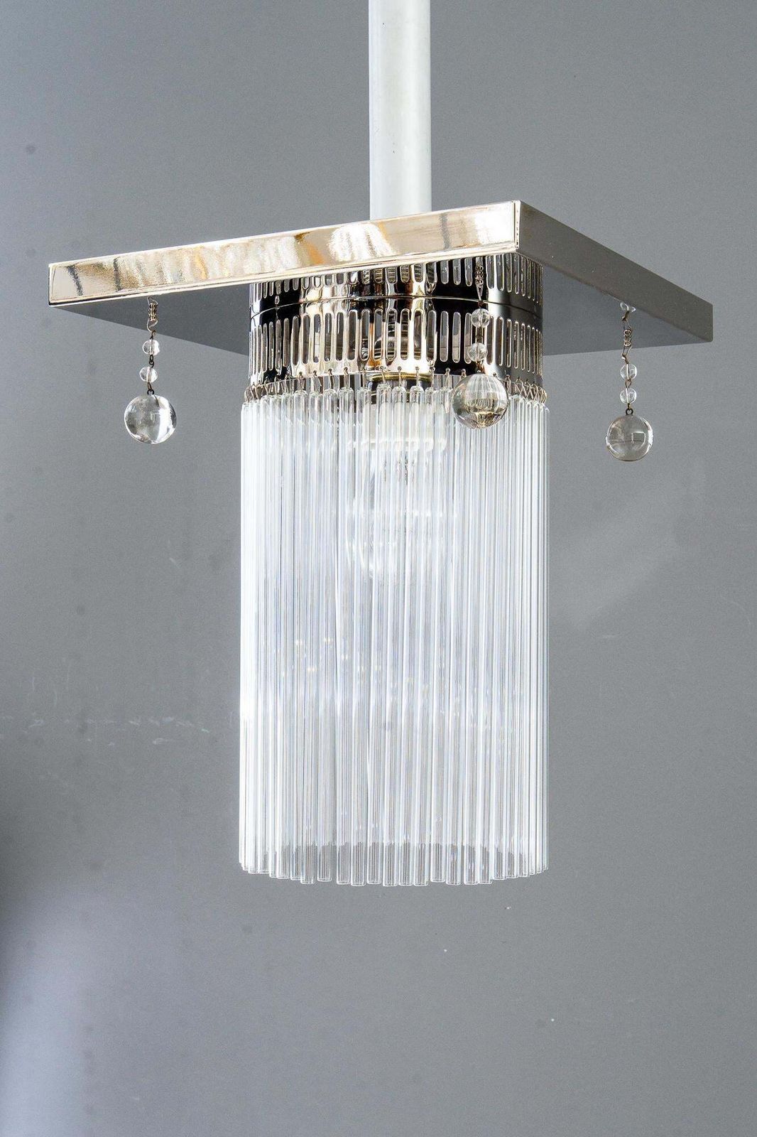 Art Deco Ceiling Lamp Nickel Plated With 4 Original Hanging Glass Parts 1920s photo for sale