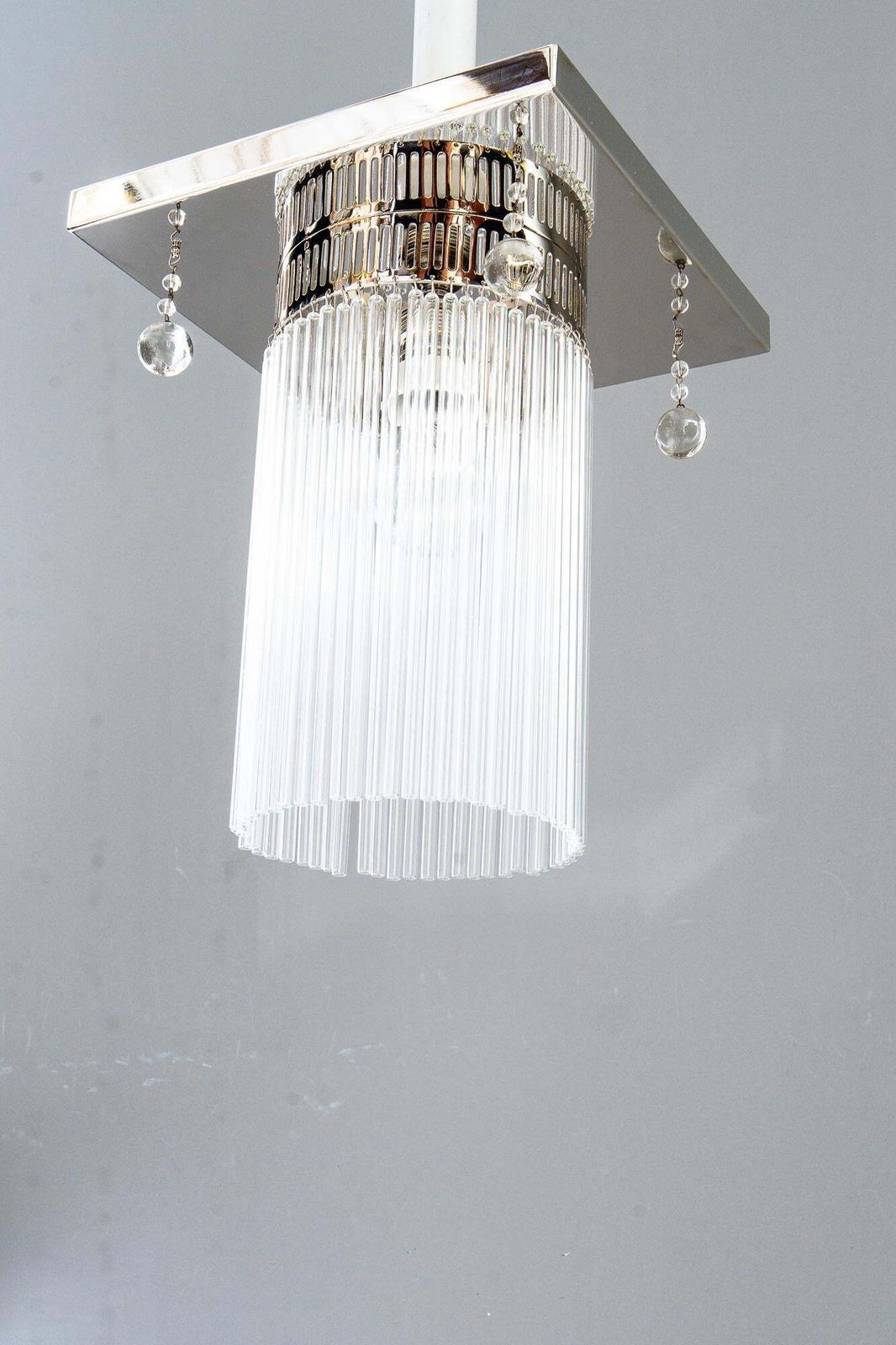 Art Deco Ceiling Lamp Nickel Plated With 4 Original Hanging Glass Parts 1920s photo Lighting