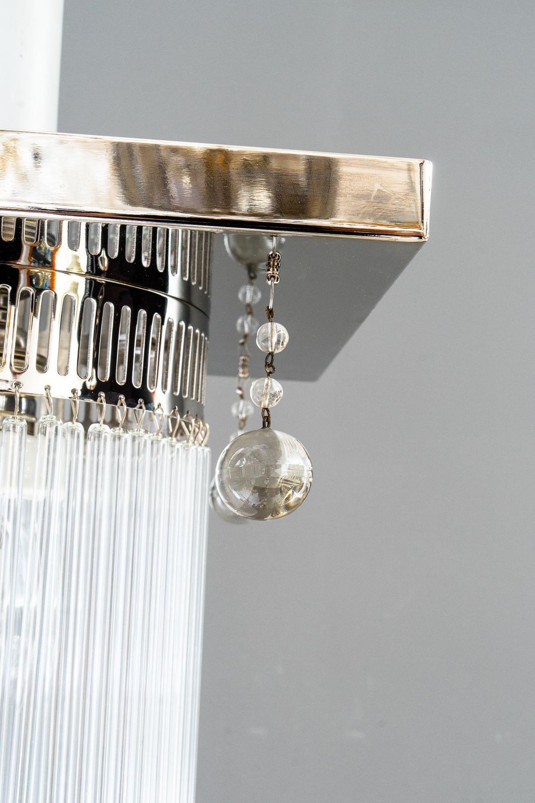 Art Deco Ceiling Lamp Nickel Plated With 4 Original Hanging Glass Parts 1920s photo vinterior