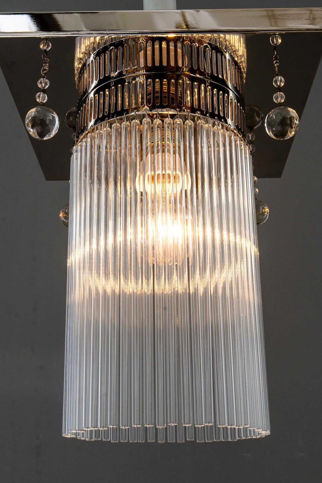 photo for sale Art Deco Ceiling Lamp Nickel Plated With 4 Original Hanging Glass Parts 1920s