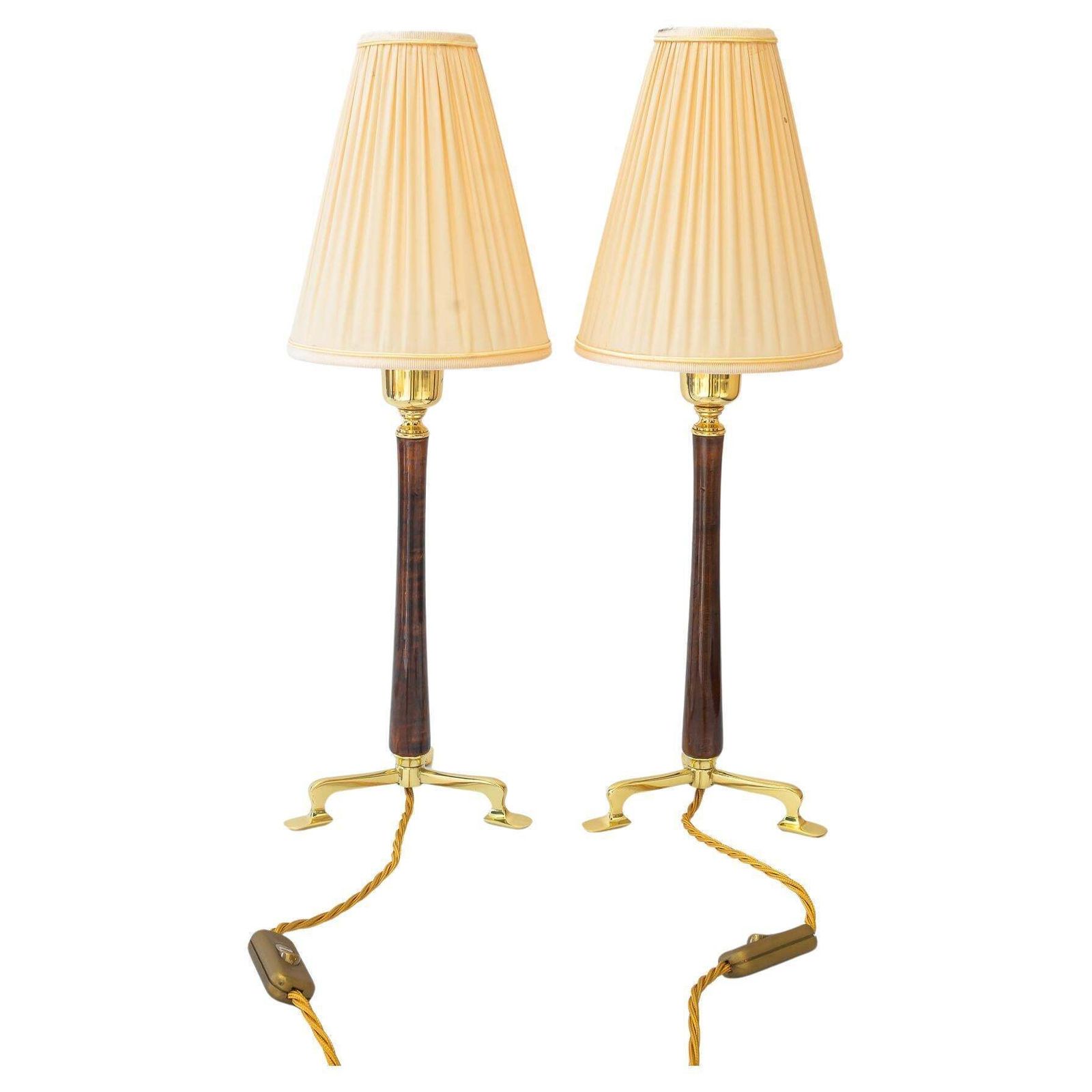 2 Rupert Nikoll Table Lamps With Wood And Fabric Shade Vienna Around 1950s