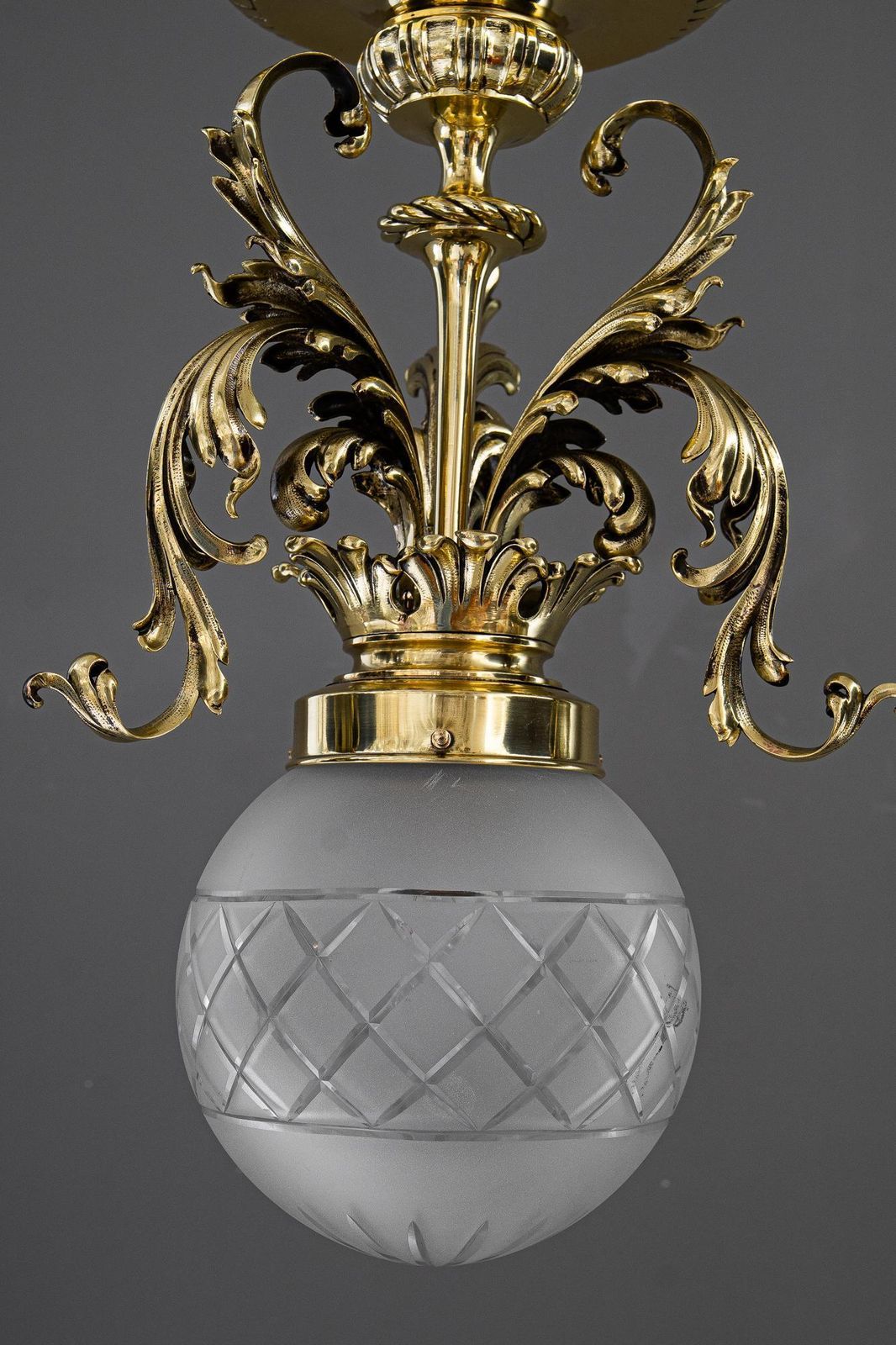 Historistic Ceiling Lamp With Original Antique Glass Shade Vienna Around 1890s photo for sale