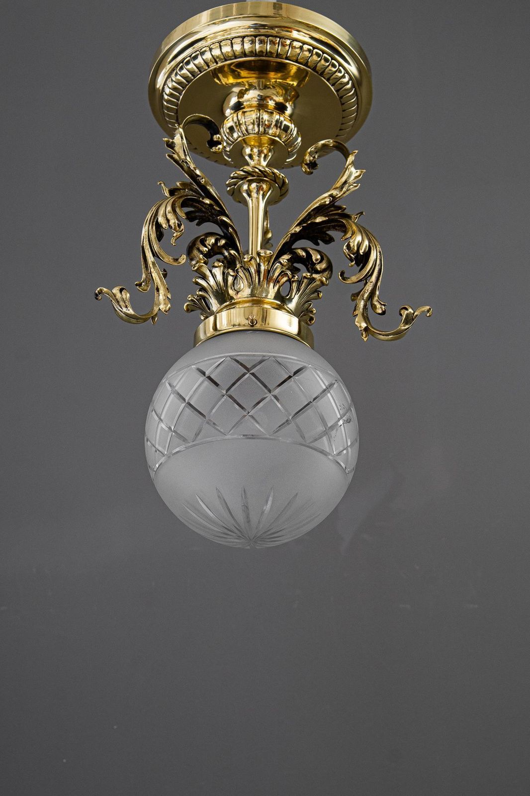Historistic Ceiling Lamp With Original Antique Glass Shade Vienna Around 1890s photo vinterior