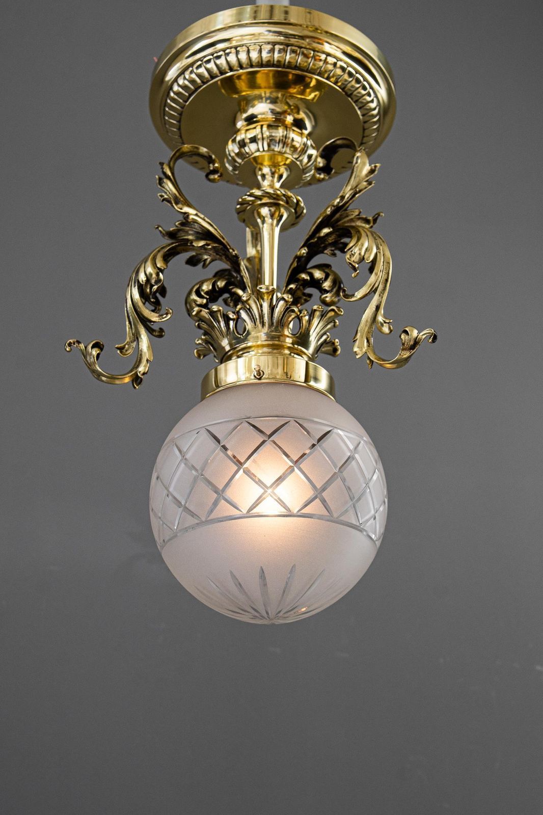 Lighting Historistic Ceiling Lamp With Original Antique Glass Shade Vienna Around 1890s photo