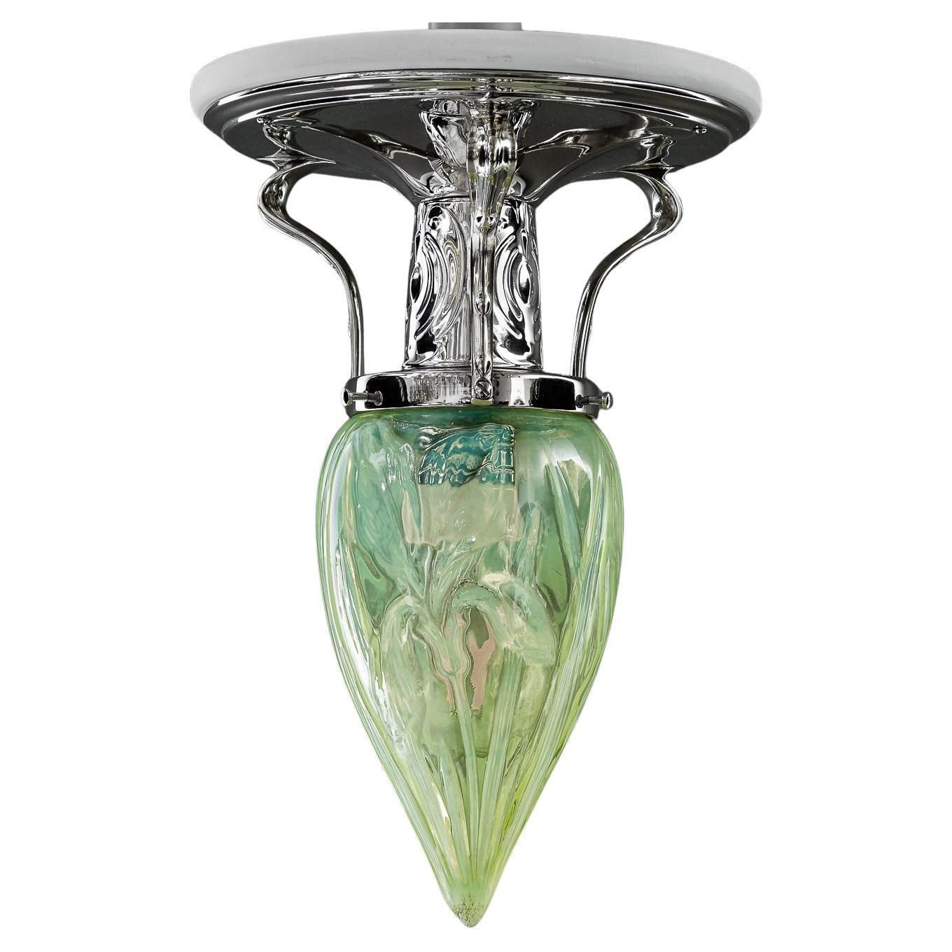 Art Deco Ceiling Lamp Alpaca ( White Metal ) With Orig. Old Opaline Glass 1920s