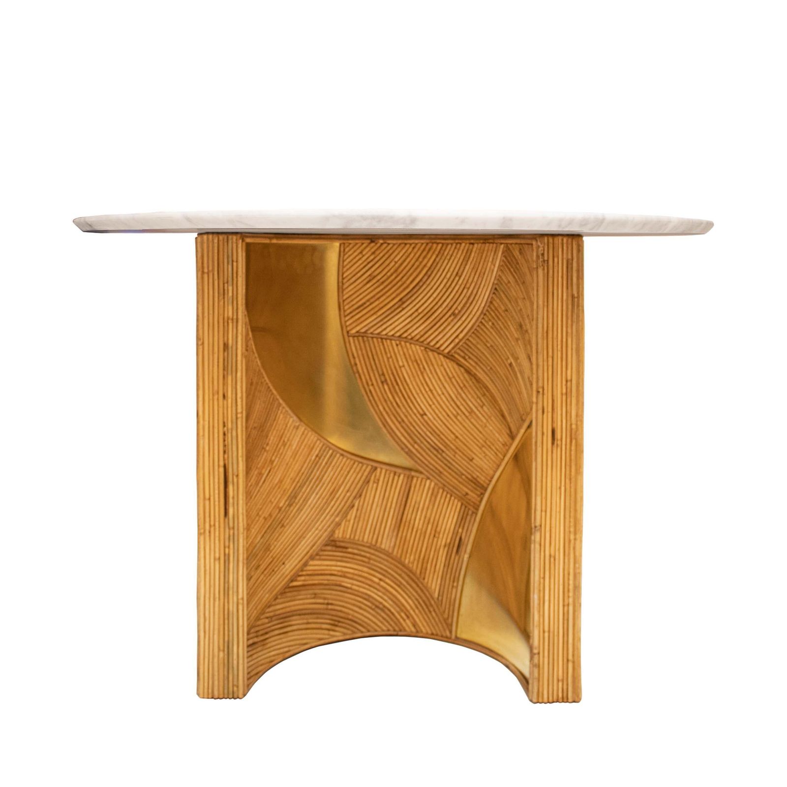 French Oval Dining Table With Carrara Marble Top And Bamboo Brass Bases photo for sale