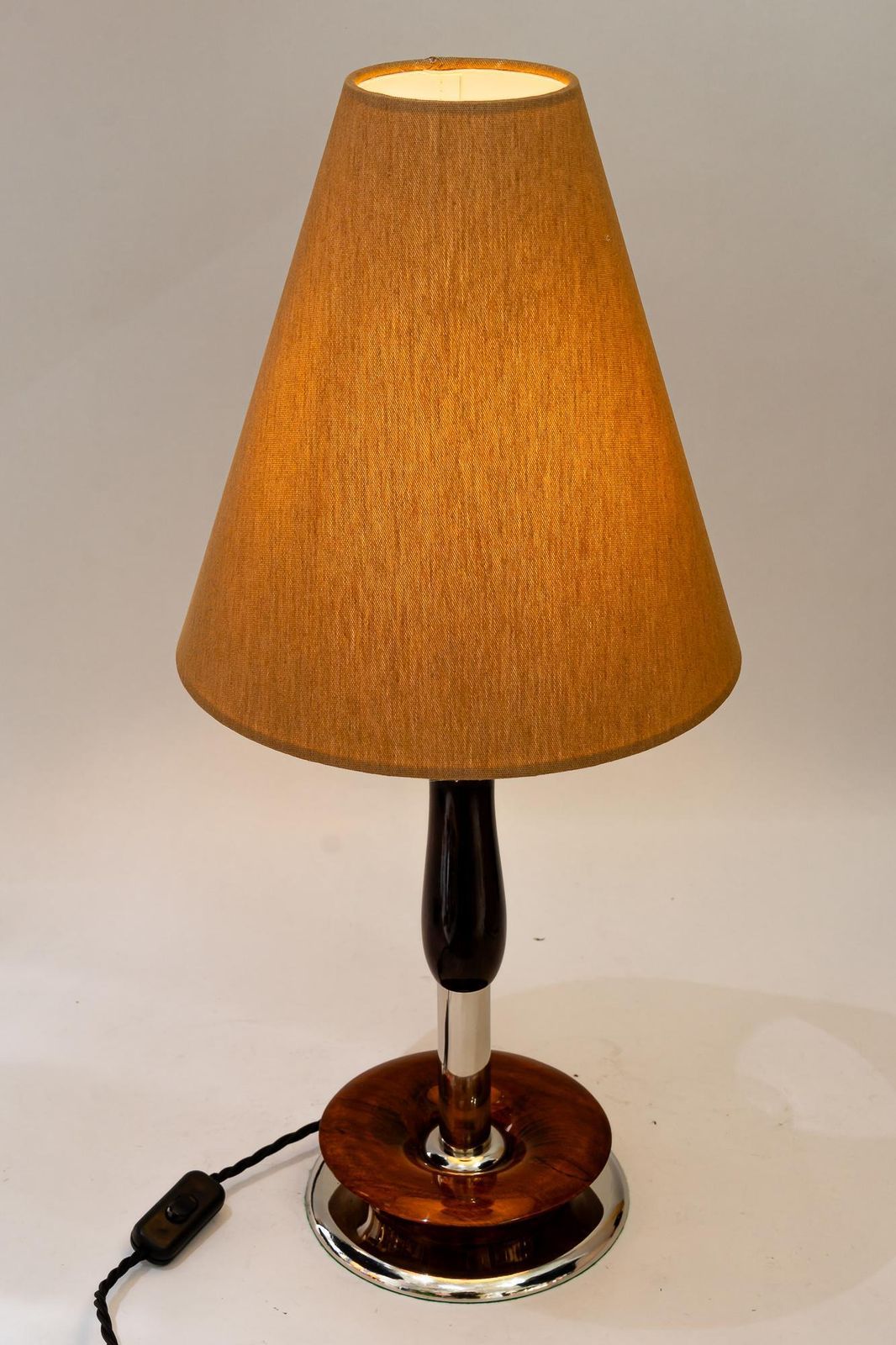 photo furniture Art Deco Nickel Wood Table Lamp With Fabric Shade Vienna Around 1920s