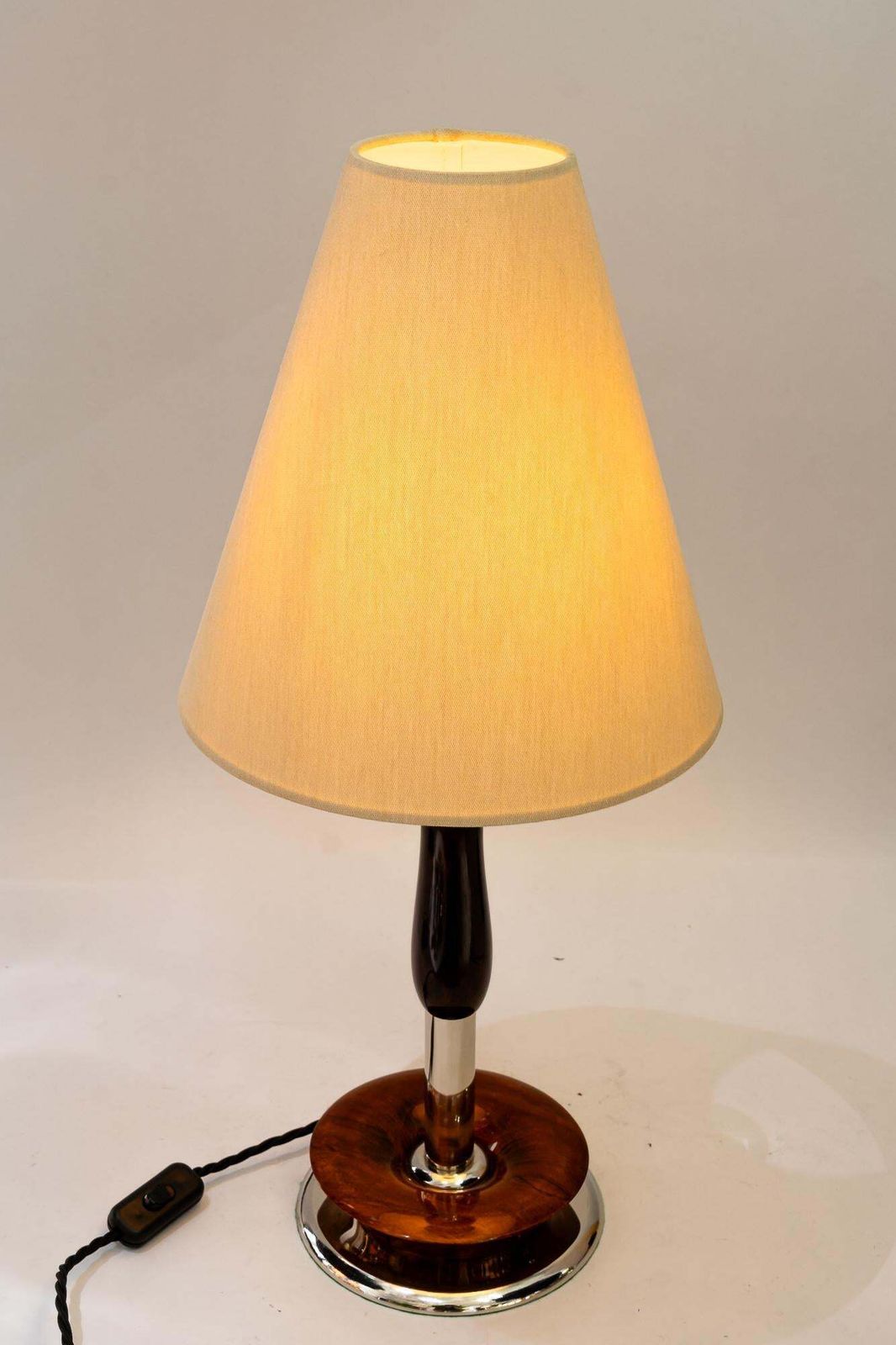 photo vintage Art Deco Nickel Wood Table Lamp With Fabric Shade Vienna Around 1920s