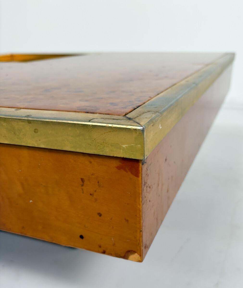 Mid Century Modern Coffee Table, Burl Wood And Brass, 1970s photo for sale