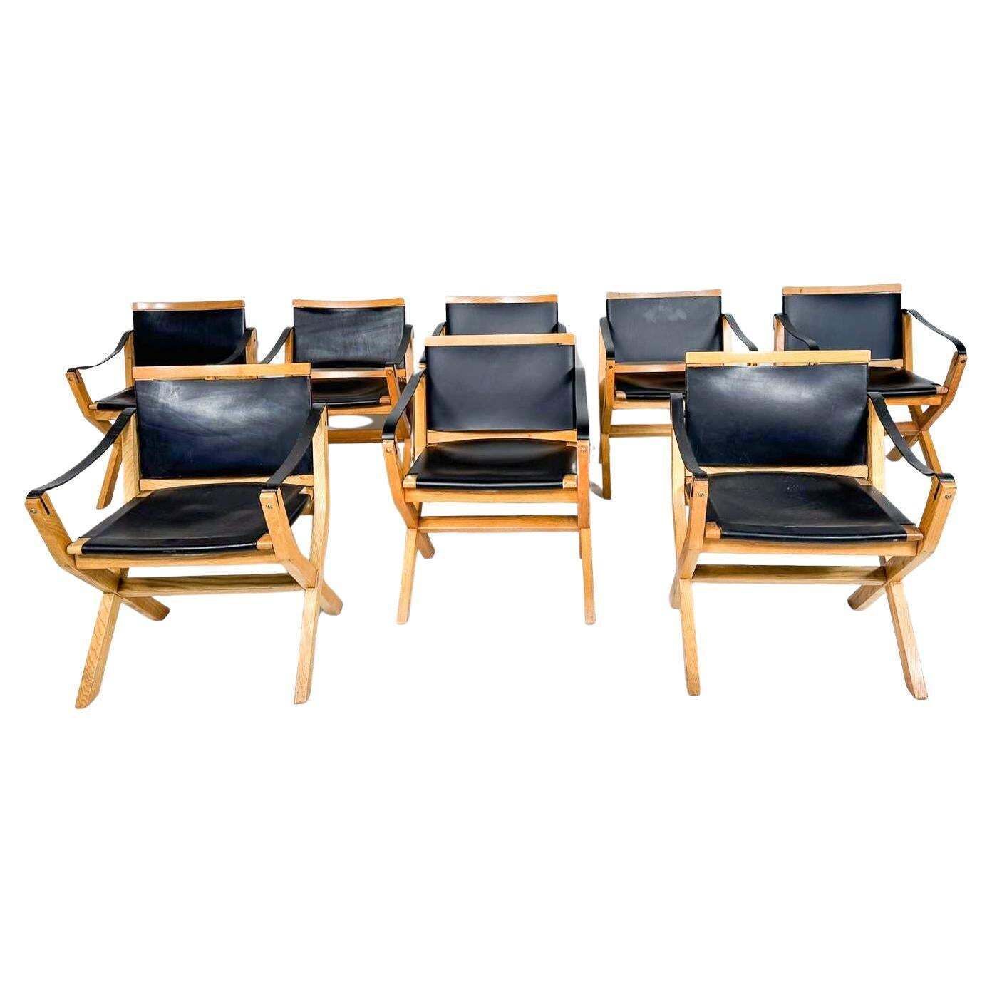 Mid Century Set Of 8 Kiu Armchairs By Luxoritalia, Ash Wood And Leather