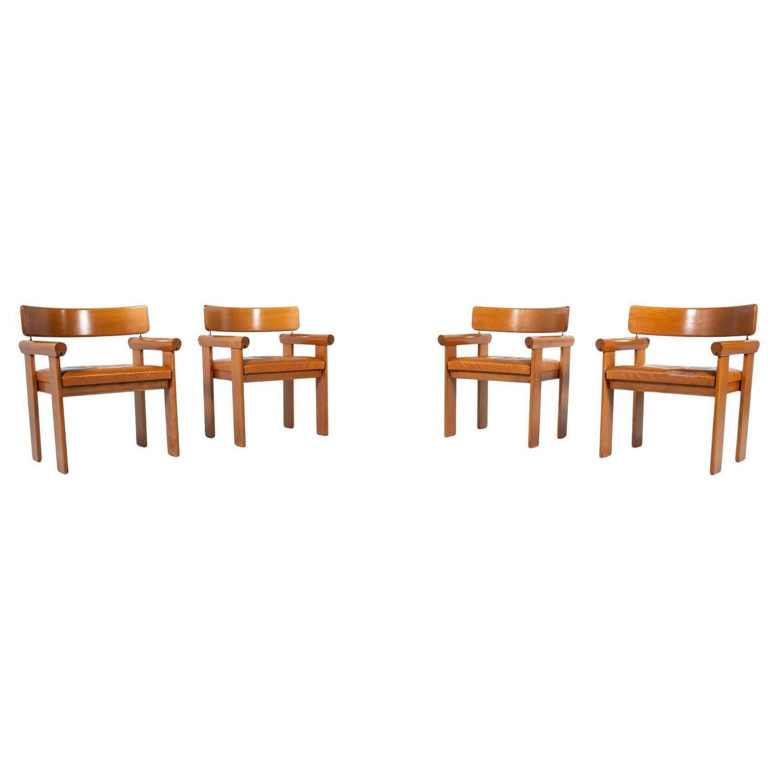 Set Of 4 Architectural Armchairs, Cognac Leather, Italy