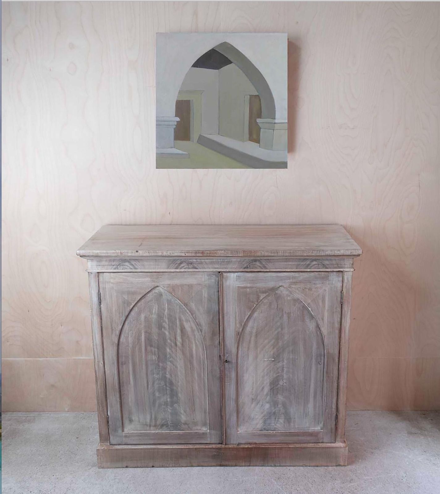 Small Antique Bleached Side Cabinet With Gothic Arch Door Panels. C.1820 photo for sale