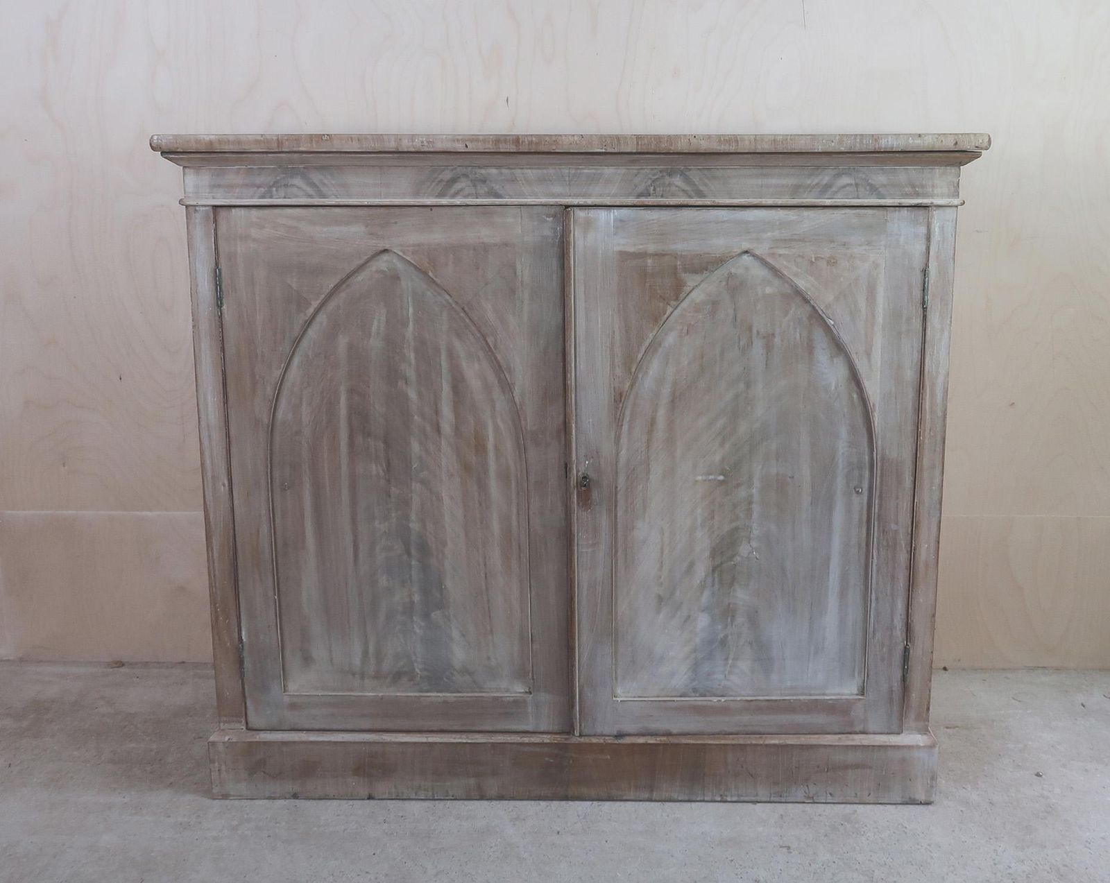 Small Antique Bleached Side Cabinet With Gothic Arch Door Panels. C.1820 photo Furniture